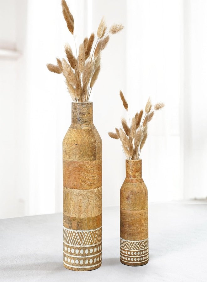Behoma Boho Engraved Design Wooden Flower Vase Set of 2, Bottle Shape Mango Wood Vases for Flowers for Decor Home Living Room Kitchen Office, Natural Light Brown Finish | Height - 23 cm & 15 cm - Image 4